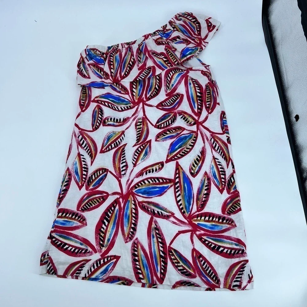 J Crew tropical leaf Floral One Shoulder Dress Ruffle Sleeveless J0954 hawaii XS